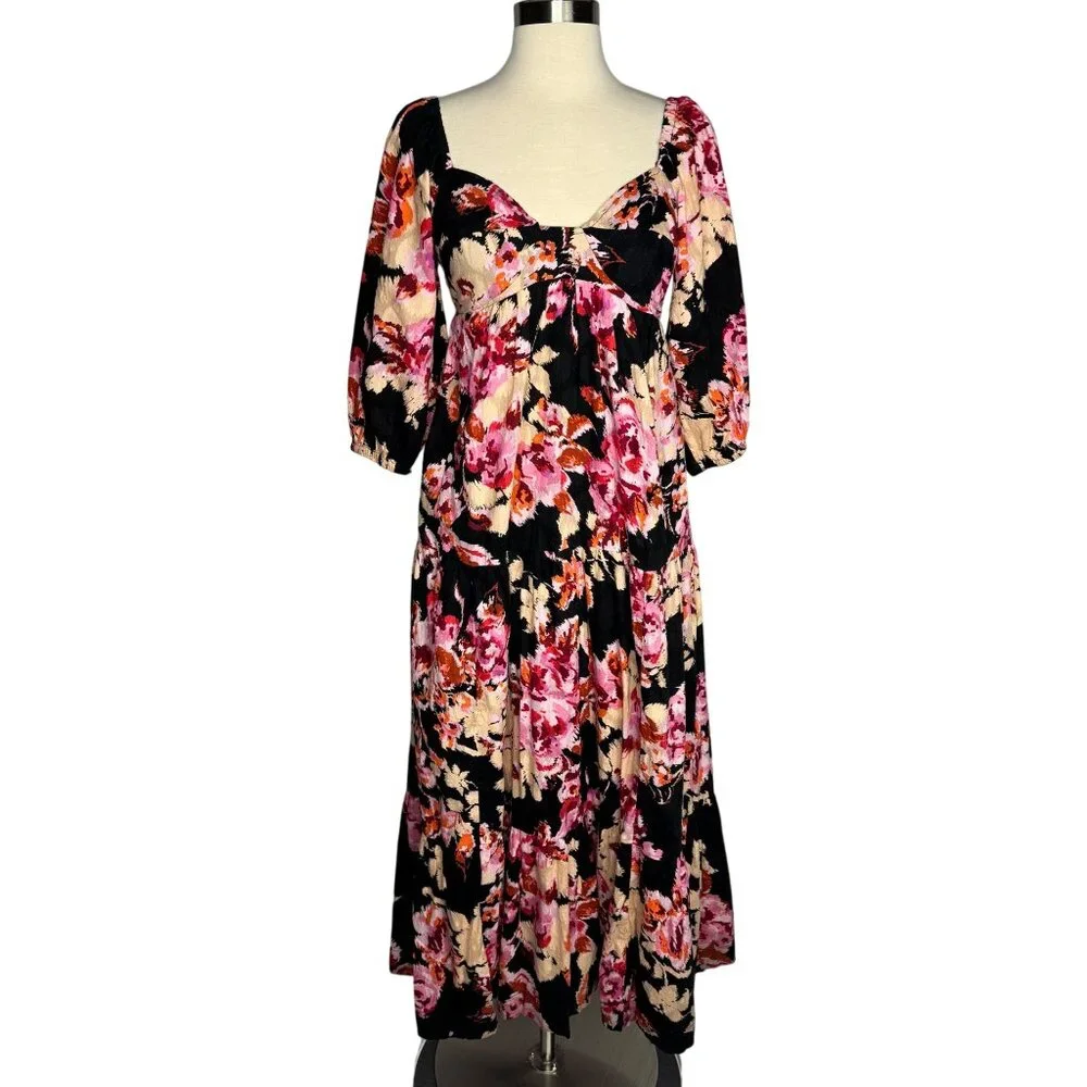 Anthropologie 100% Cotton Boho‎ Black Floral Pink Maxi Dress Balloon Sleeve